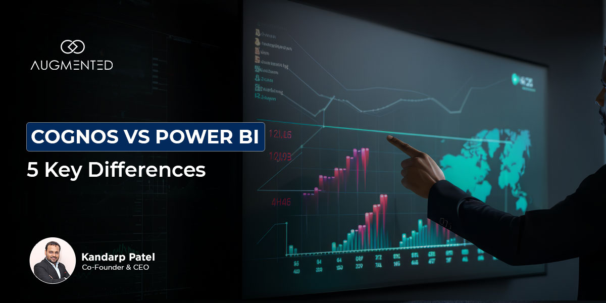 Comparison of Cognos and Power BI showing key differences in pricing, deployment, AI capabilities, and reporting style
