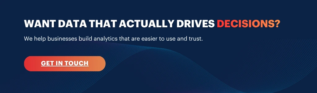 Data analytics services CTA banner encouraging businesses to turn data into actionable decisions with a Get in Touch button.