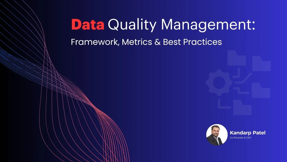 Data quality management framework showing data governance, quality metrics, validation, and business analytics for accurate decision-making.